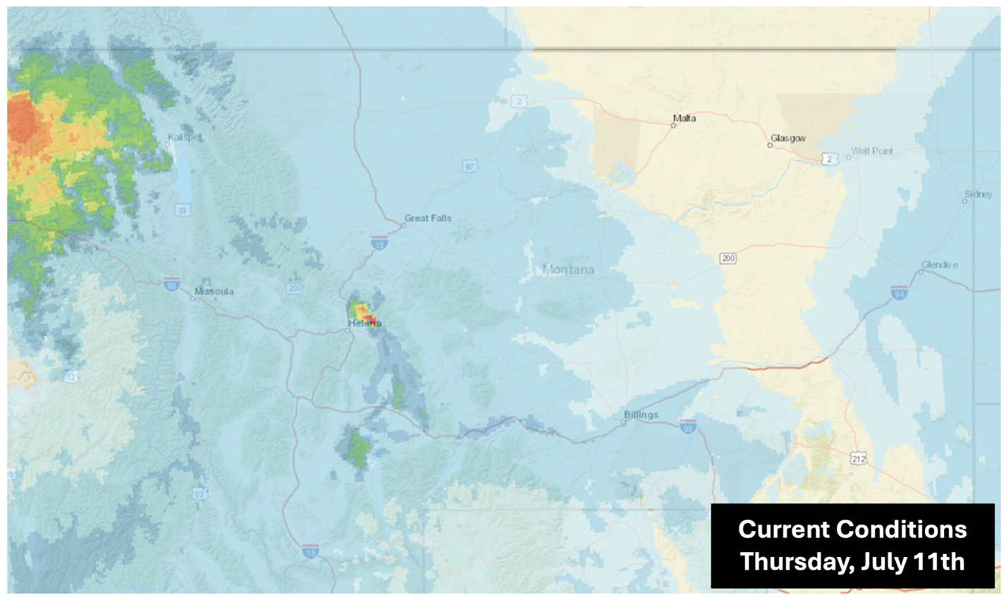 A current (8am) map of near-surface smoke predicted by the HRRR model. Smoke is heaviest between Libby and Thompson Falls as well as to areas east of Helena.